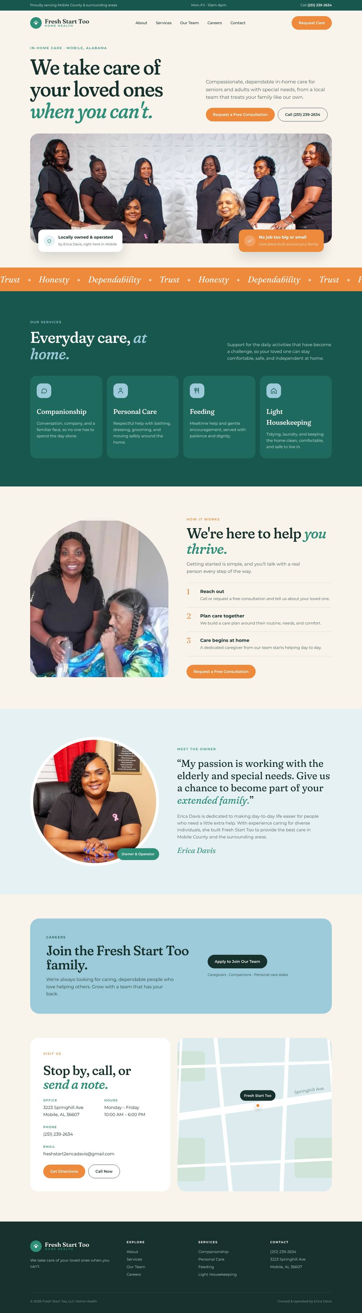 The redesigned Fresh Start Too home page, scrolling from the hero through every section