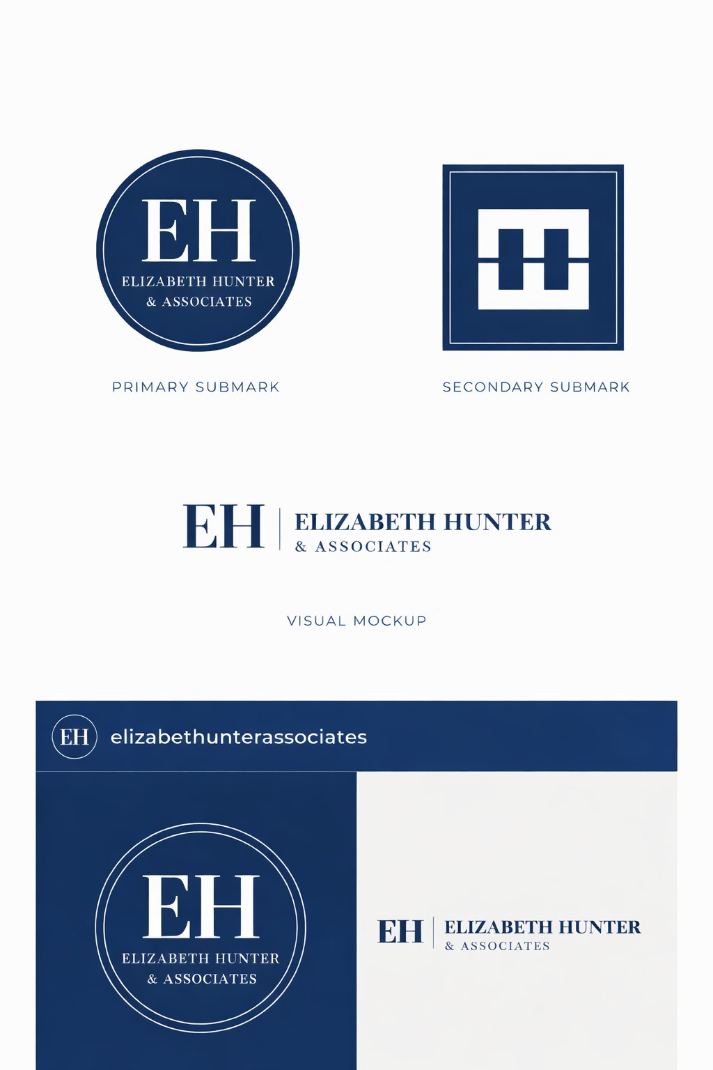 Elizabeth Hunter & Associates brand board showing the primary and secondary submarks, logo lockup, and a social media mockup