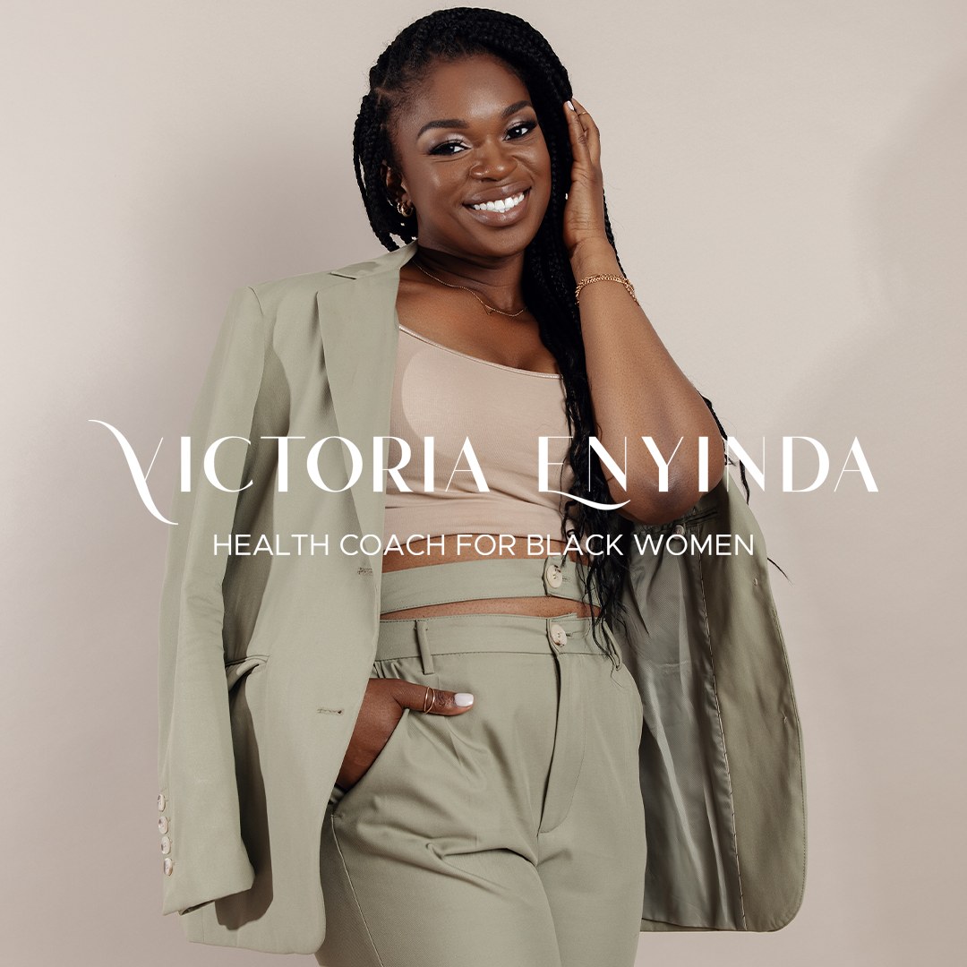 Victoria Enyinda in a sage suit with her new logo, Health Coach for Black Women
