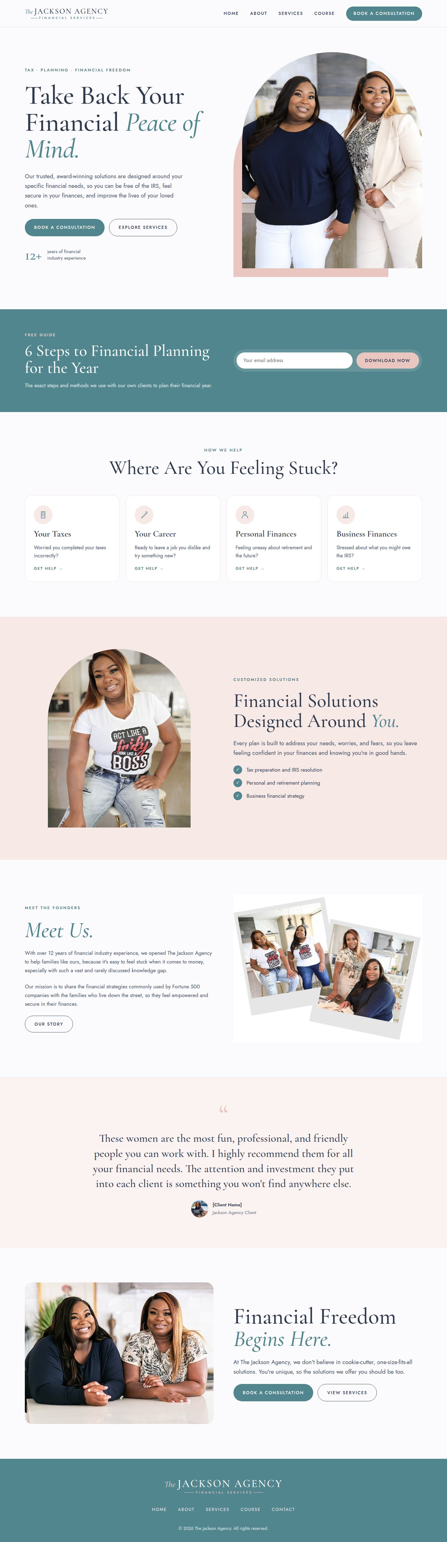 The redesigned Jackson Agency home page, scrolling from the hero through every section